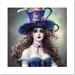 Victorian steampunk woman big hat in blue. Posters and Art